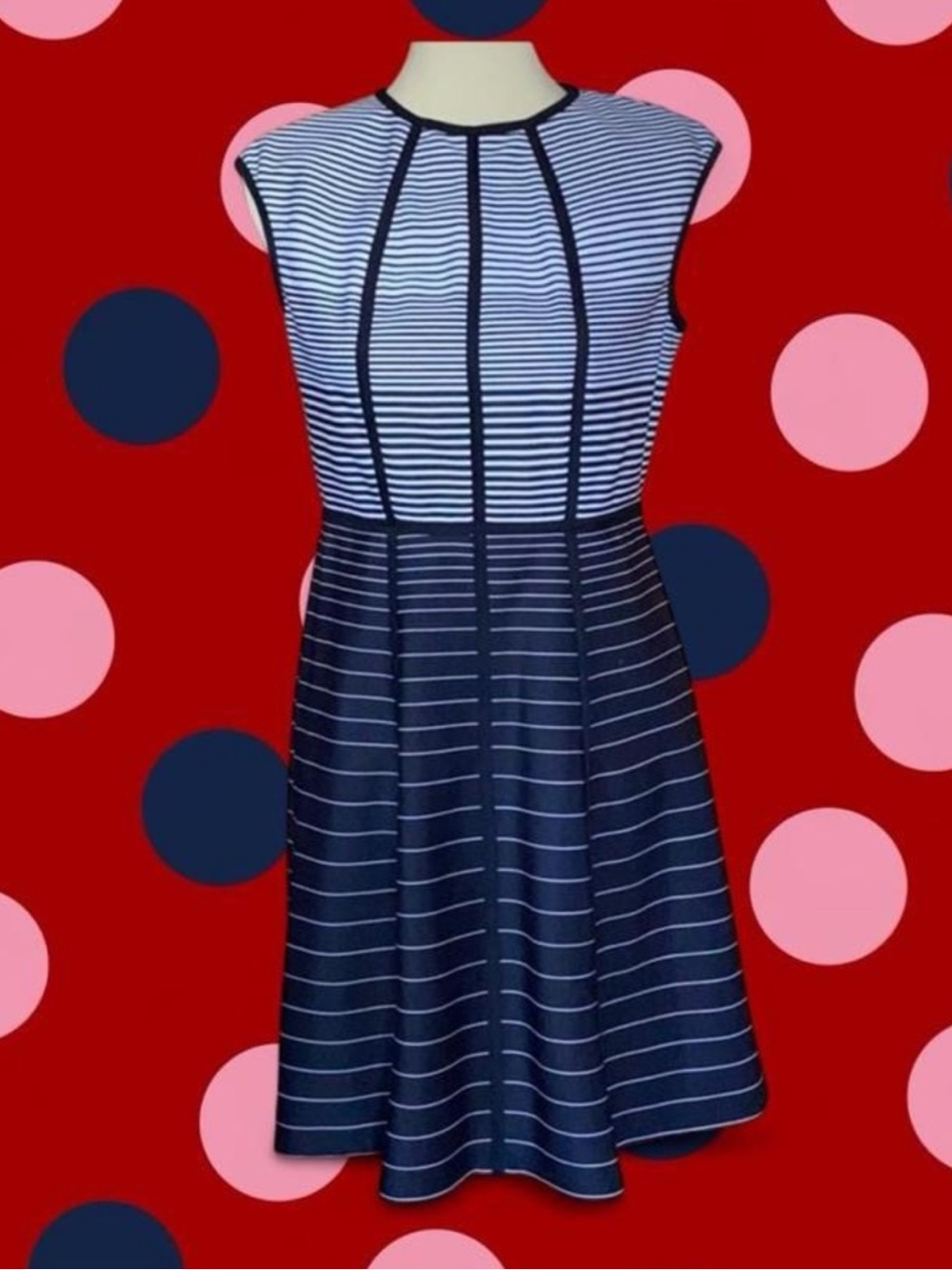 Sandra Darren Navy and White Striped Fit-and-Flare Midi Dress